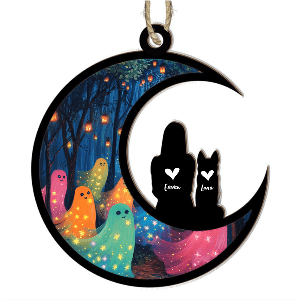 Custom Halloween Moon Ornament - Personalized Pet and Owner Decoration